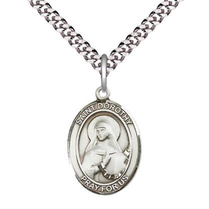 Everlasting Light Jewelry Mens Medium Oval Pewter Saint St. Dorothy Medal Pendant on 24 Inch Rhodium Plated Heavy Curb Brass Chain w/Lobster Claw Clasp, Catholic Religious Necklace- USA Made Gift Boxed
