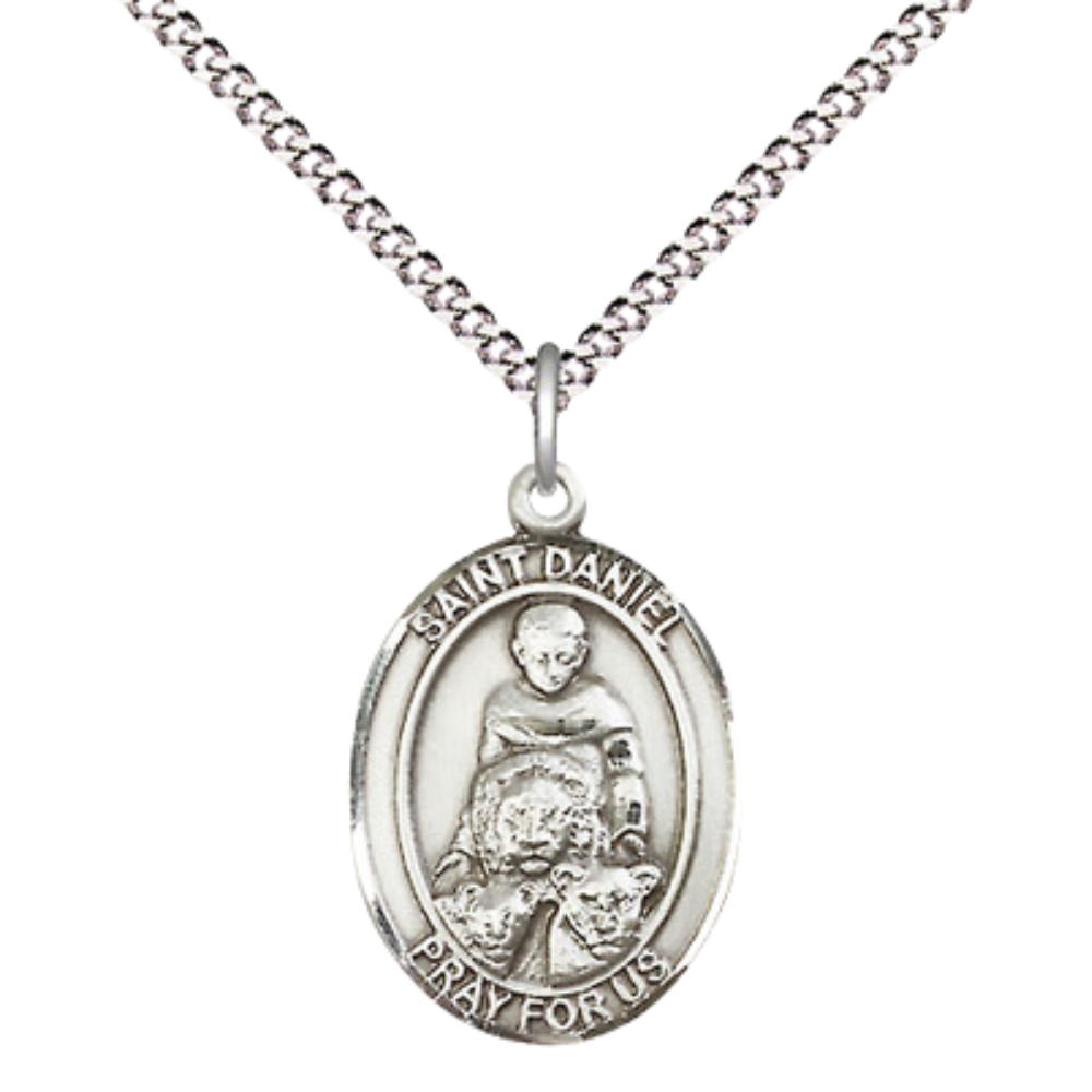Everlasting Light Jewelry Women's Pewter Saint St. Daniel Pendant Necklace on 18- inch Rhodium- Plated Lite Curb Brass Chain – Patron Saint St. of Prisoners – ¾ x ½ Medal, Catholic Medal – Velvet Gift Box Included