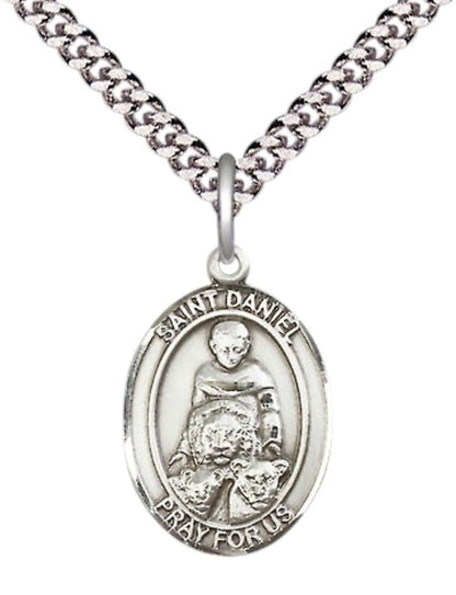 Medium Men's .925 Sterling Silver Saint St. Daniel Medal Pendant on 24 Inch Endless Rhodium Plated Heavy Curb Brass Chain, Catholic Religious Necklace - Made in USA- Deluxe Velvet Gift Box