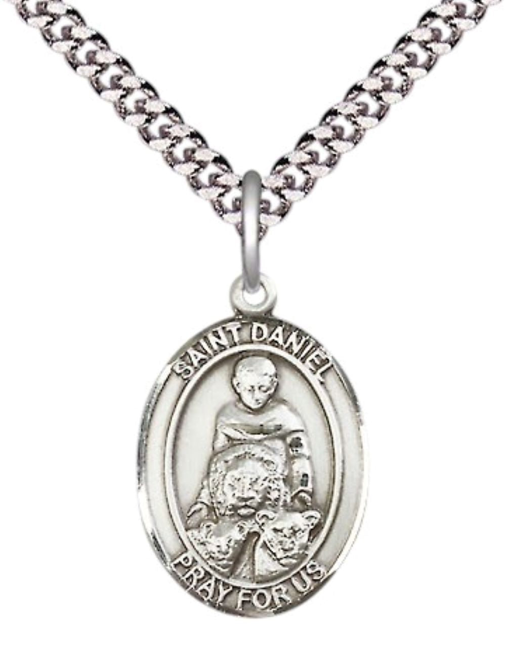 Mens Medium Oval .925 Sterling Silver Saint St. Daniel Medal Pendant on 24 Inch Rhodium Plated Heavy Curb Brass Chain with Lobster Claw Clasp, Catholic Religious Necklace- USA Made Gift Boxed
