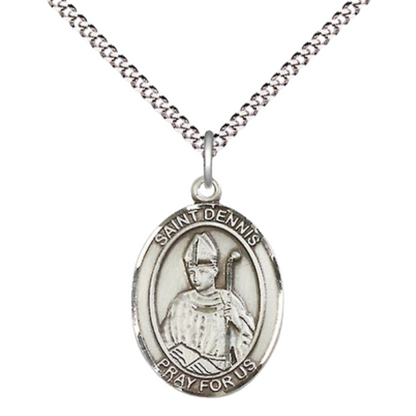 Everlasting Light Jewelry Medium Women's Pewter Saint Dennis Pendant Necklace on 18-inch Rhodium-Plated Lite Curb Brass Chain – Patron Saint of Headaches/Frenzy – ¾ x ½ Medal – Velvet Gift Box Included