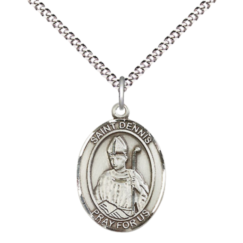 Everlasting Light Jewelry Medium Women's .925 Sterling Silver Saint St. Dennis Pendant Necklace on 18- Inch Rhodium Plated Lite Curb Brass Chain – Patron Saint St. of Headaches/Against Frenzy, Catholic Medal – Velvet Gift Box Included