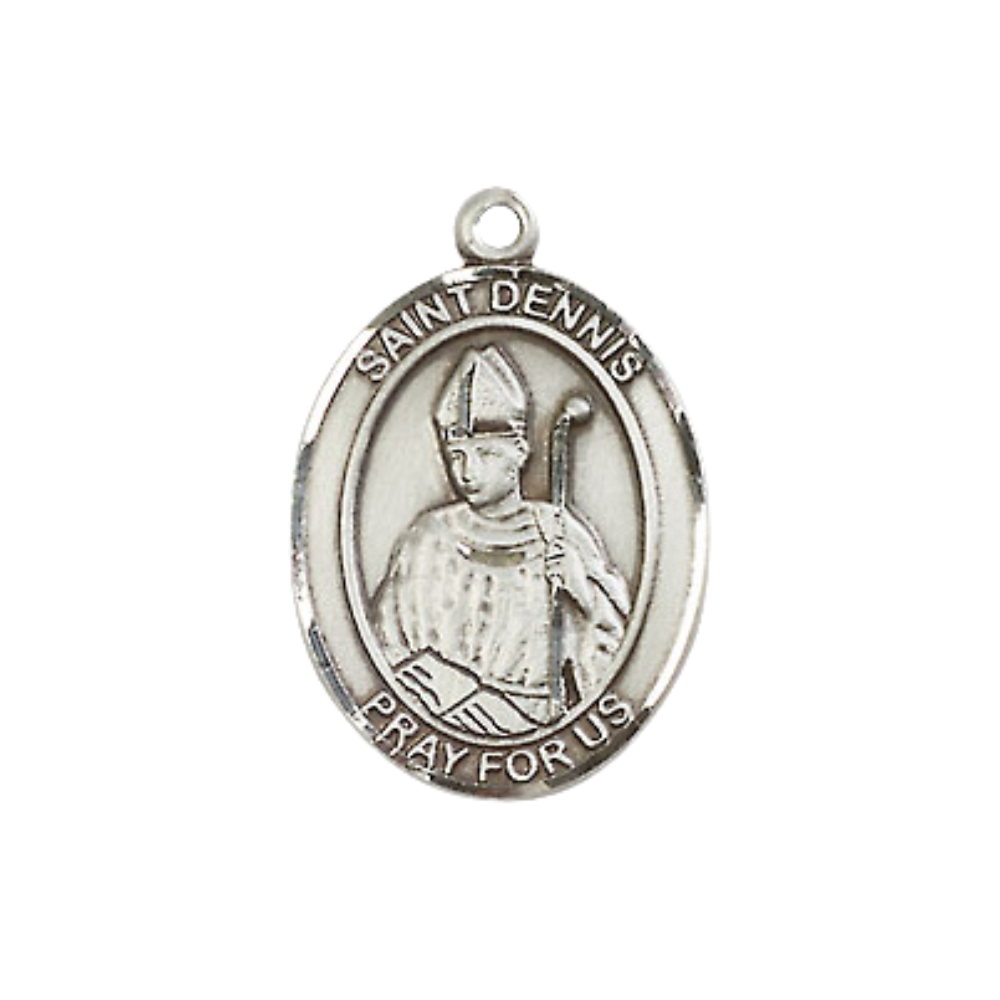 Everlasting Light Jewelry Medium Women's Pewter Saint Dennis Pendant Necklace on 18-inch Rhodium-Plated Lite Curb Brass Chain – Patron Saint of Headaches/Frenzy – ¾ x ½ Medal – Velvet Gift Box Included
