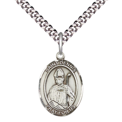Everlasting Light Jewelry Medium Men's .925 Sterling Silver Saint St. Dennis Medal Pendant with 24 Inch Rhodium Plated Heavy Curb Chain Catholic Religious Necklace - Made in USA, Deluxe Velvet Gift Box