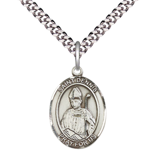Everlasting Light Jewelry Mens Medium Oval Pewter Saint Dennis Medal Pendant on 24 Inch Rhodium Plated Heavy Curb Brass Chain with Lobster Claw Clasp,Catholic Religious Necklace-USA Made Gift Boxed