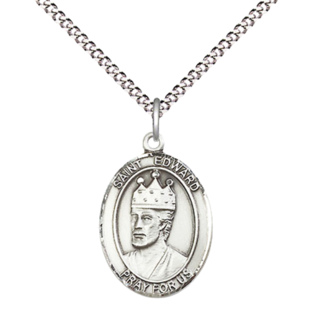 Medium Women's .925 Sterling Silver Saint St. Edward the Confessor Pendant Necklace on 18- Inch Rhodium Plated Lite Curb Brass Chain – Patron Saint St. of Difficult Marriages, Catholic Medal – Velvet Gift Box Included