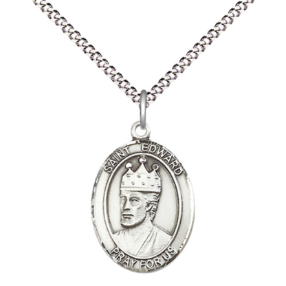 Medium Women's .925 Sterling Silver Saint St. Edward the Confessor Pendant Necklace on 18- Inch Rhodium Plated Lite Curb Brass Chain – Patron Saint St. of Difficult Marriages, Catholic Medal – Velvet Gift Box Included