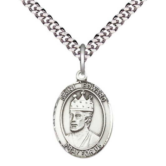 Medium Men's Pewter Saint St. Edward the Confessor Medal Pendant on 24 Inch Endless Rhodium Plated Heavy Curb Brass Chain, Catholic Religious Necklace - Made in USA- Deluxe Velvet Gift Box