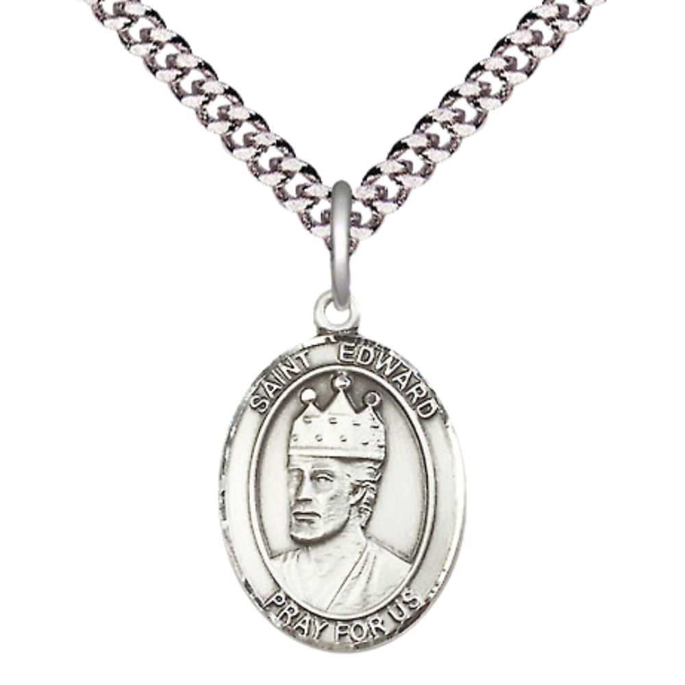 Medium Mens Oval .925 Sterling Silver Saint Edward the Confessor Medal Pendant on 24" Rhodium Plated Heavy Curb Brass Chain w/ Lobster Claw Clasp,Catholic Religious Necklace-USA Made Gift Boxed