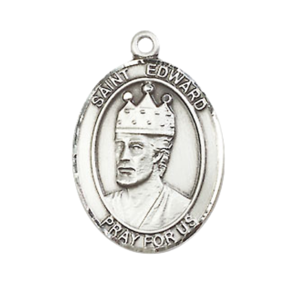 Medium Men's .925 Sterling Silver Saint St. Edward the Confessor Medal Pendant on 24 Inch Endless Rhodium Plated Heavy Curb Brass Chain, Catholic Religious Necklace - Made in USA- Deluxe Velvet Gift Box