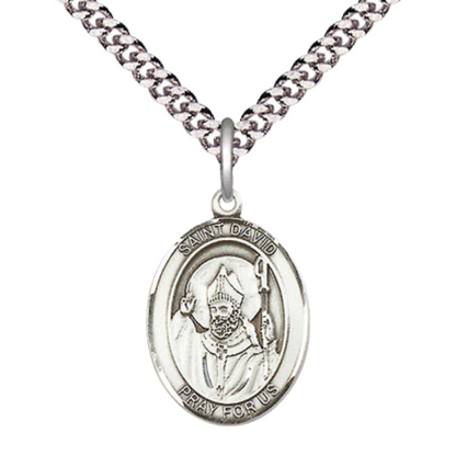 Everlasting Light Jewelry Medium Men's Pewter Saint St. David of Wales Medal Pendant on 24 Inch Endless Rhodium Plated Heavy Curb Brass Chain, Catholic Religious Necklace - Made in USA- Deluxe Velvet Gift Box