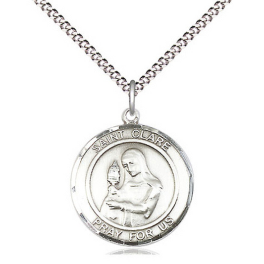 Everlasting Light Jewelry Medium Women's Pewter Patron Saint St. Clare of Assisi Medal Pendant on 18 Inch Rhodium Plated Lite Curb Brass Chain Catholic Religious Necklace - Made in USA, Deluxe Velvet Gift Box