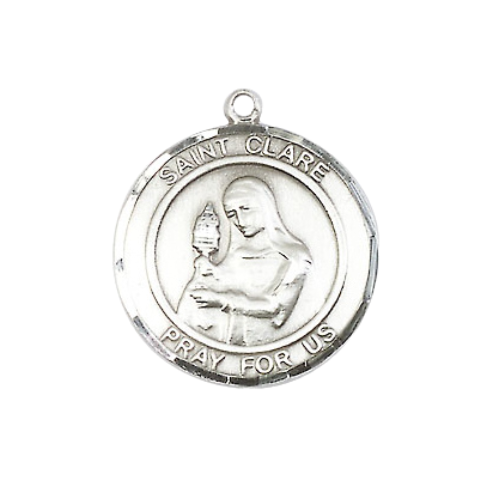 Mens Medium Round Pewter Saint St. Clare of Assisi Medal Pendant on 24 Inch Rhodium Plated Heavy Curb Brass Chain with Lobster Claw Clasp, Catholic Religious Necklace- USA Made Gift Boxed