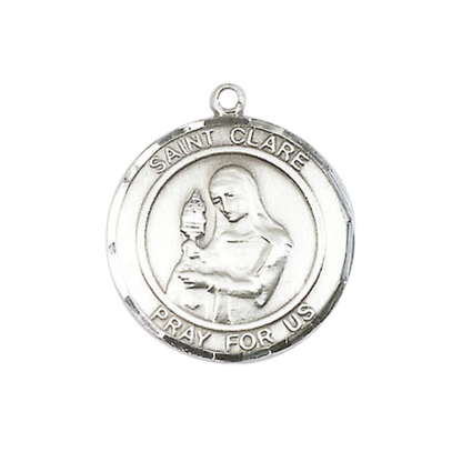 Mens Medium Round .925 Sterling Silver Saint St. Clare of Assisi Medal Pendant on 24 Inch Rhodium Plated Heavy Curb Brass Chain w/ Lobster Claw Clasp, Catholic Religious Necklace- USA Made Gift Boxed