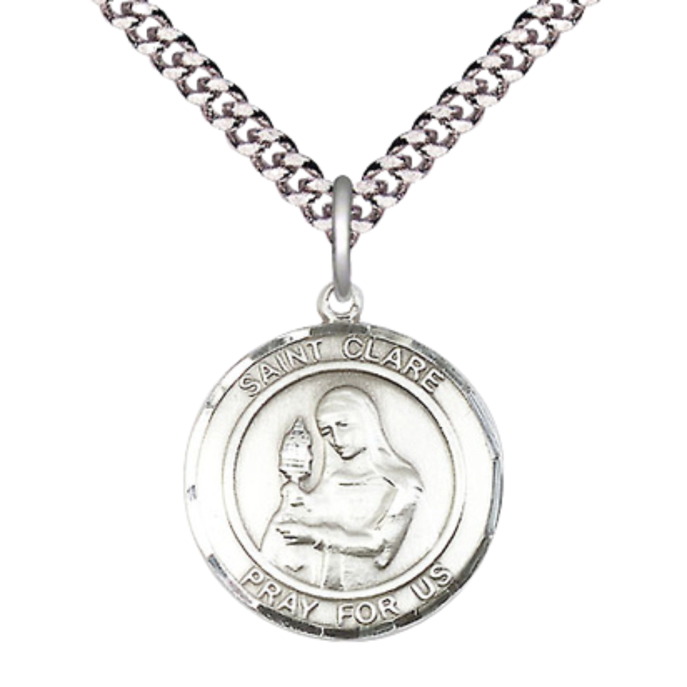 Mens Medium Round .925 Sterling Silver Saint St. Clare of Assisi Medal Pendant on 24 Inch Rhodium Plated Heavy Curb Brass Chain w/ Lobster Claw Clasp, Catholic Religious Necklace- USA Made Gift Boxed