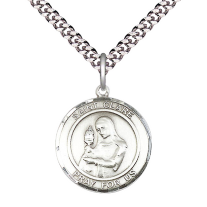 Mens Medium Round .925 Sterling Silver Saint St. Clare of Assisi Medal Pendant on 24 Inch Rhodium Plated Heavy Curb Brass Chain w/ Lobster Claw Clasp, Catholic Religious Necklace- USA Made Gift Boxed