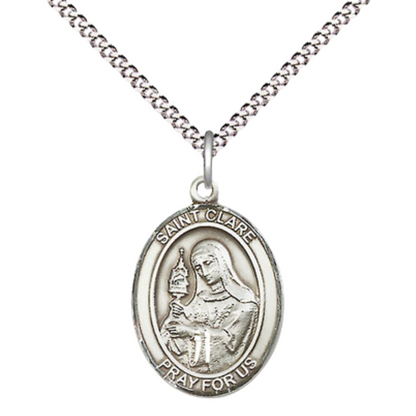 .925 Sterling Silver Saint St. Clare of Assisi Medal Pendant on 18 Inch Rhodium Plated Lite Curb Brass Chain w/ Lobster Claw Clasp, Catholic Religious Necklace - Made in USA- Prayer Card Included