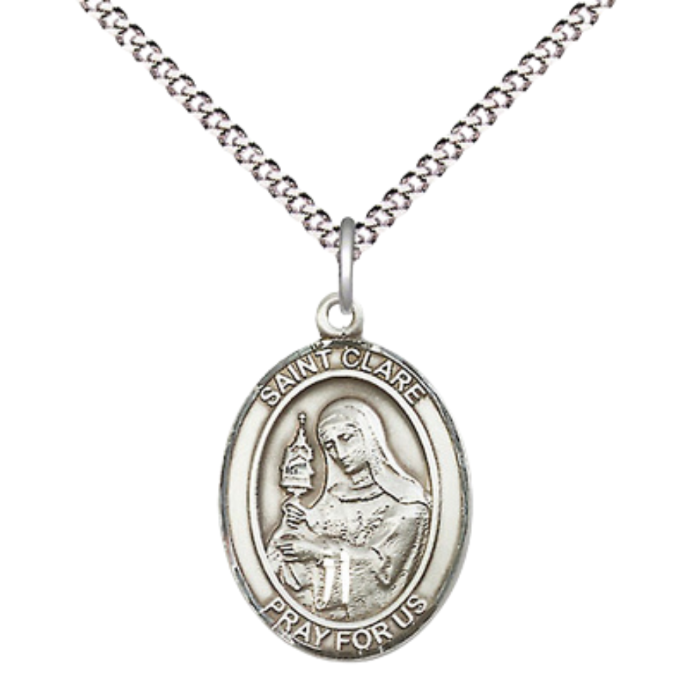 .925 Sterling Silver Saint St. Clare of Assisi Medal Pendant on 18 Inch Rhodium Plated Lite Curb Brass Chain w/ Lobster Claw Clasp, Catholic Religious Necklace - Made in USA- Prayer Card Included