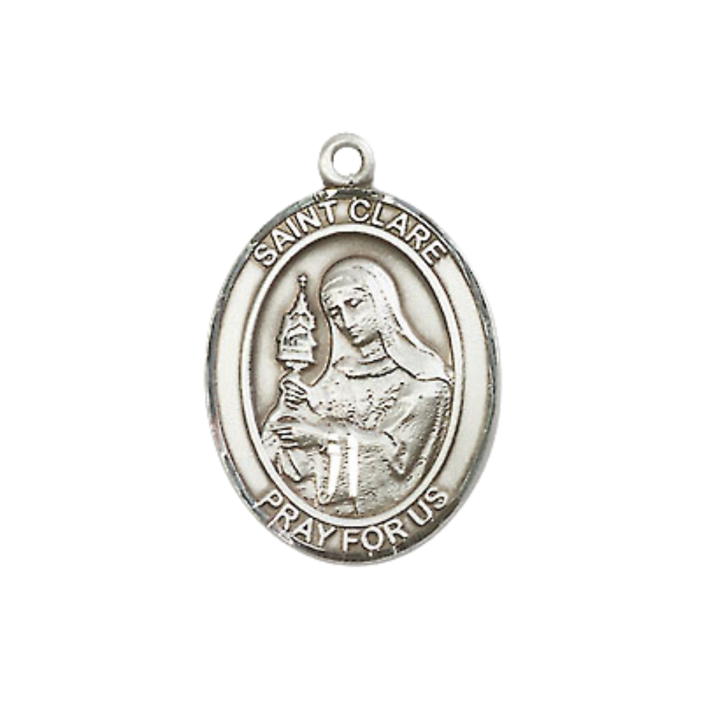 Everlasting Light Jewelry Medium Women's .925 Sterling Silver Saint St. Clare of Assisi Pendant Necklace on 18- Inch Rhodium Plated Lite Curb Brass Chain – Patron Saint St. of Eyes & Television, Catholic Medal – Velvet Gift Box Included