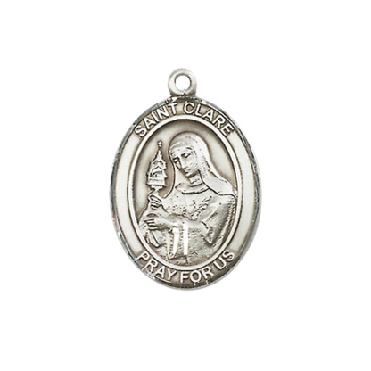 Mens Medium Oval .925 Sterling Silver Saint St. Clare of Assisi Medal Pendant on 24 Inch Rhodium Plated Heavy Curb Brass Chain with Lobster Claw Clasp, Catholic Religious Necklace- USA Made Gift Boxed