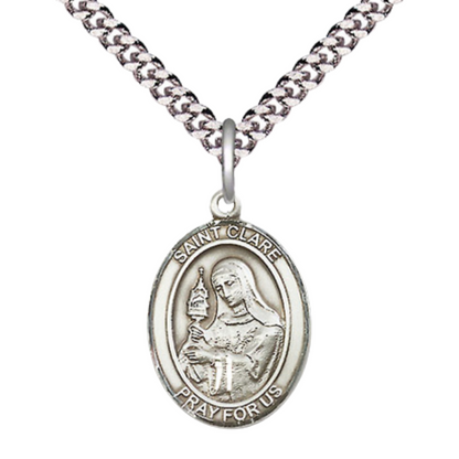 Mens Medium Oval .925 Sterling Silver Saint St. Clare of Assisi Medal Pendant on 24 Inch Rhodium Plated Heavy Curb Brass Chain with Lobster Claw Clasp, Catholic Religious Necklace- USA Made Gift Boxed