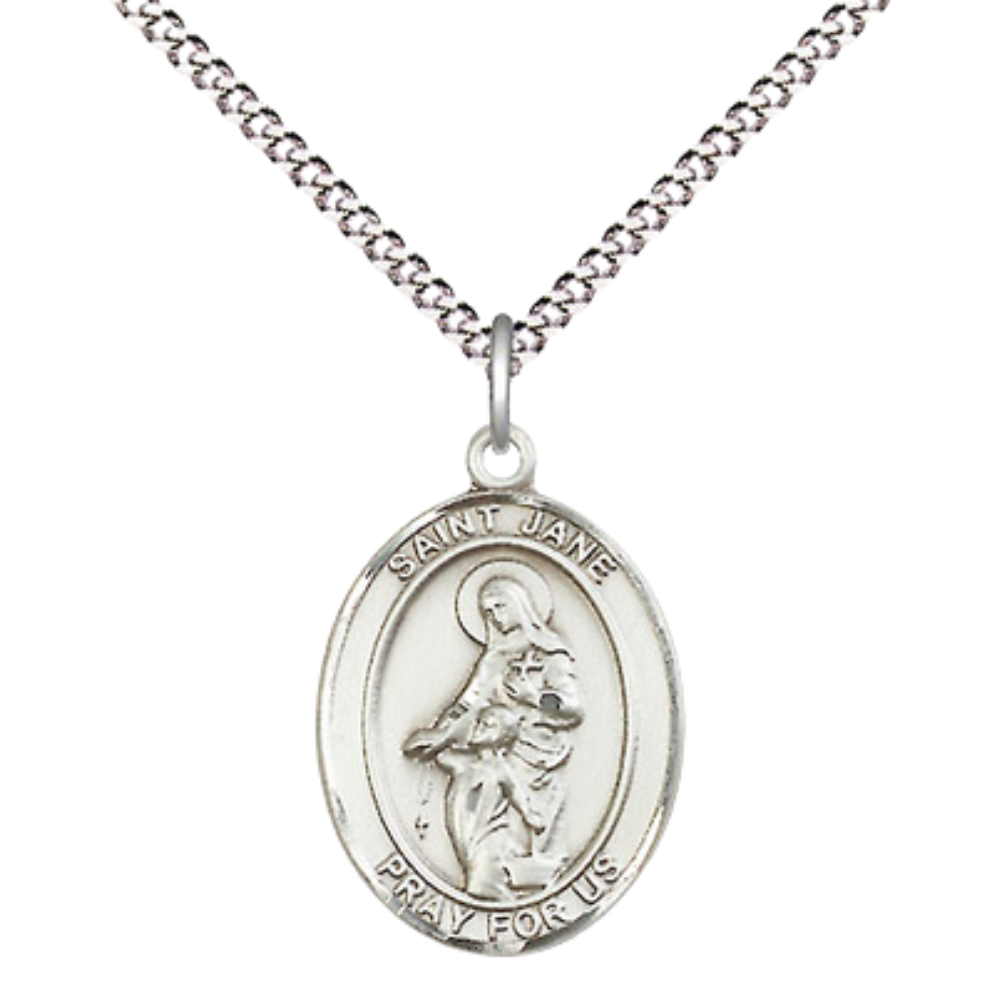 Medium Women's Pewter Saint St. Jane of Valois Pendant Necklace on 18- inch Rhodium- Plated Lite Curb Brass Chain – Patron Saint St. of Loss of Parents/Widows – ¾" x ½" Medal, Catholic Medal – Velvet Gift Box Included