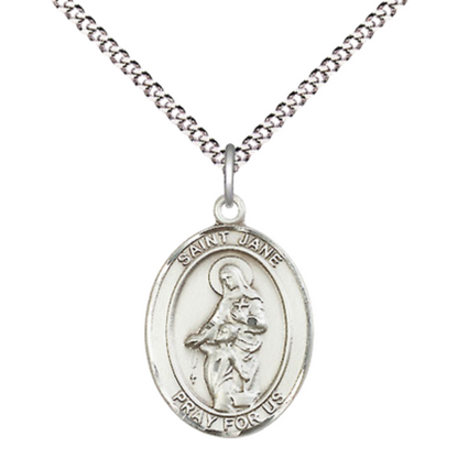 Medium Women's Sterling Silver Saint Jane of Valois Pendant Necklace on 18-Inch Rhodium Plated Lite Curb Brass Chain – Patron Saint of Loss of Parents & Widows – Velvet Gift Box Included