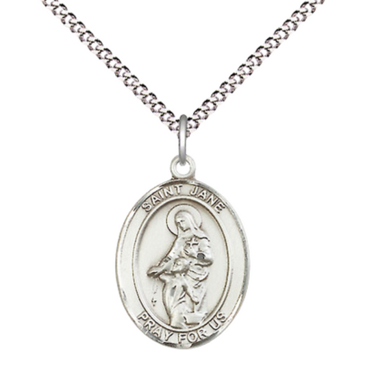 Medium Women's Sterling Silver Saint Jane of Valois Pendant Necklace on 18-Inch Rhodium Plated Lite Curb Brass Chain – Patron Saint of Loss of Parents & Widows – Velvet Gift Box Included