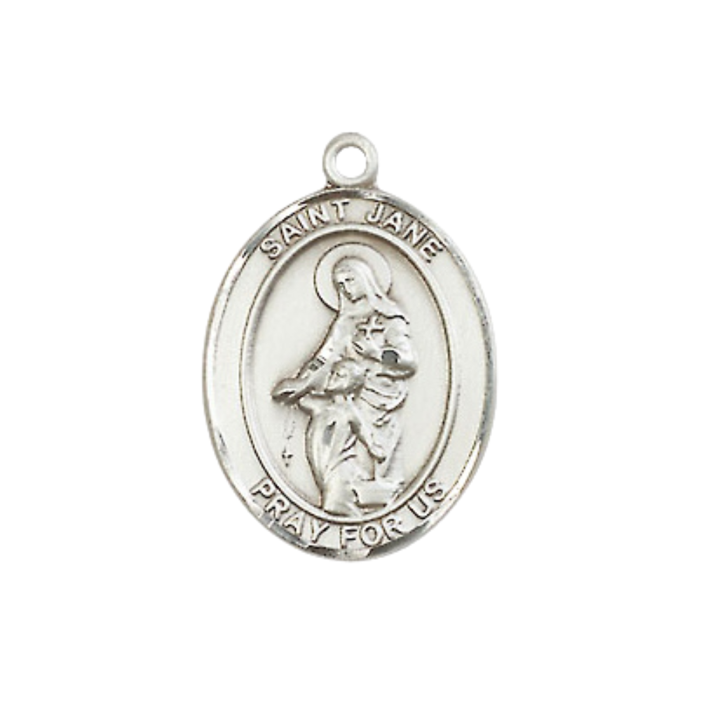 Medium Women's Pewter Saint St. Jane of Valois Pendant Necklace on 18- inch Rhodium- Plated Lite Curb Brass Chain – Patron Saint St. of Loss of Parents/Widows – ¾" x ½" Medal, Catholic Medal – Velvet Gift Box Included