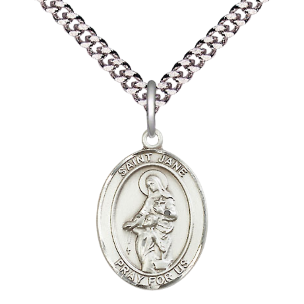 Everlasting Light Jewelry Medium Men's Pewter Saint St. Jane of Valois Medal Pendant on 24 Inch Endless Rhodium Plated Heavy Curb Brass Chain, Catholic Religious Necklace - Made in USA- Deluxe Velvet Gift Box