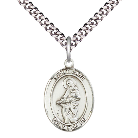 Mens Medium Oval .925 Sterling Silver Saint St. Jane of Valois Medal Pendant on 24 Inch Rhodium Plated Heavy Curb Brass Chain with Lobster Claw Clasp, Catholic Religious Necklace- USA Made Gift Boxed