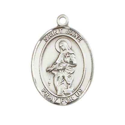 Mens Medium Oval Pewter Saint St. Jane of Valois Medal Pendant on 24 Inch Rhodium Plated Heavy Curb Brass Chain with Lobster Claw Clasp, Catholic Religious Necklace- USA Made Gift Boxed