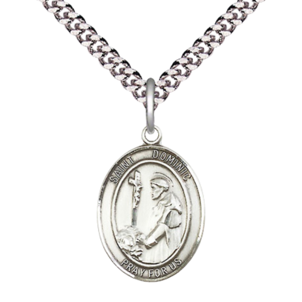 Everlasting Light Jewelry Medium Men's Pewter Saint St. Dominic de Guzman Medal Pendant on 24 Inch Endless Rhodium Plated Heavy Curb Brass Chain, Catholic Religious Necklace - Made in USA- Deluxe Velvet Gift Box