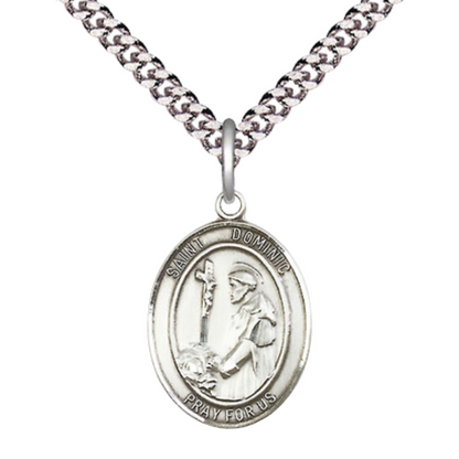 Everlasting Light Jewelry Medium Men's Pewter Saint St. Dominic de Guzman Medal Pendant on 24 Inch Endless Rhodium Plated Heavy Curb Brass Chain, Catholic Religious Necklace - Made in USA- Deluxe Velvet Gift Box