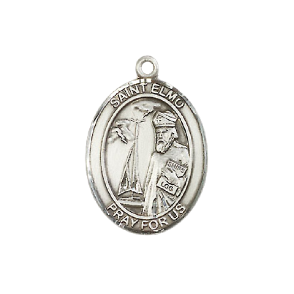 Everlasting Light Jewelry Medium Women's Pewter Saint St. Elmo Pendant Necklace on 18- inch Rhodium- Plated Lite Curb Brass Chain – Patron Saint St. of Stomach Diseases – ¾ x ½ Medal, Catholic Medal – Velvet Gift Box Included