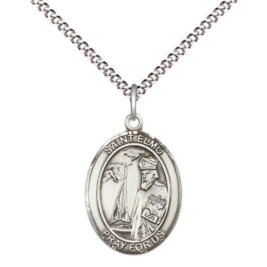 Everlasting Light Jewelry Medium Women's Pewter Saint St. Elmo Pendant Necklace on 18- inch Rhodium- Plated Lite Curb Brass Chain – Patron Saint St. of Stomach Diseases – ¾ x ½ Medal, Catholic Medal – Velvet Gift Box Included