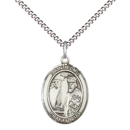 Everlasting Light Jewelry Medium Women's .925 Sterling Silver Saint St. Elmo Pendant Necklace on 18- Inch Rhodium Plated Lite Curb Brass Chain – Patron Saint St. of Stomach Diseases, Catholic Medal – Velvet Gift Box Included