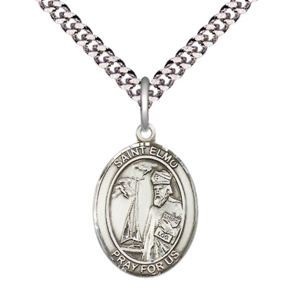 Everlasting Light Jewelry Medium Men's Pewter Saint St. Elmo Medal Pendant on 24 Inch Endless Rhodium Plated Heavy Curb Brass Chain, Catholic Religious Necklace - Made in USA- Deluxe Velvet Gift Box