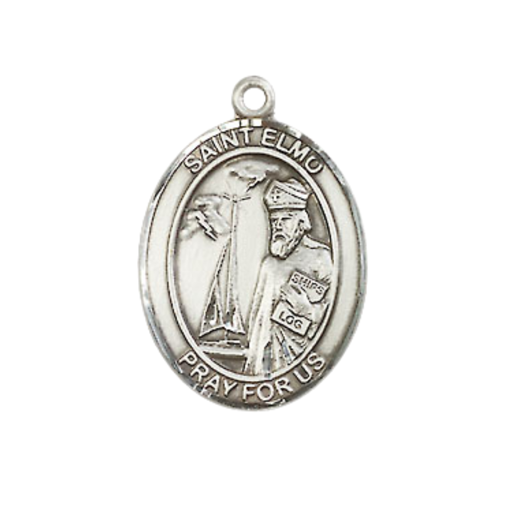 Everlasting Light Jewelry Medium Men's Pewter Saint St. Elmo Medal Pendant on 24 Inch Endless Rhodium Plated Heavy Curb Brass Chain, Catholic Religious Necklace - Made in USA- Deluxe Velvet Gift Box