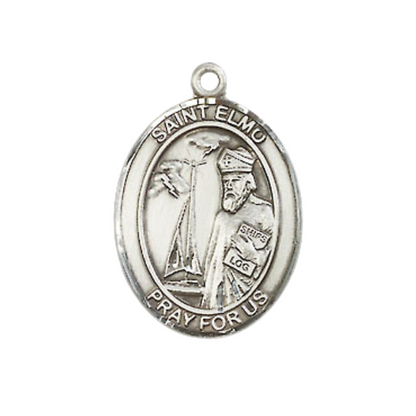 Mens Medium Oval .925 Sterling Silver Saint St. Elmo Medal Pendant on 24 Inch Rhodium Plated Heavy Curb Brass Chain with Lobster Claw Clasp, Catholic Religious Necklace- USA Made Gift Boxed