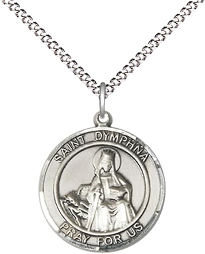 Medium Women's Pewter Saint St. Dymphna Medal Pendant on 18 Inch Rhodium Plated Lite Curb Brass Chain w/Lobster Claw clasp, Catholic Religious Necklace - Made in USA - Deluxe Velvet Gift Box