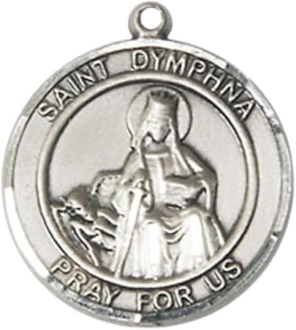 Medium Women's Pewter Saint St. Dymphna Medal Pendant on 18 Inch Rhodium Plated Lite Curb Brass Chain w/Lobster Claw clasp, Catholic Religious Necklace - Made in USA - Deluxe Velvet Gift Box