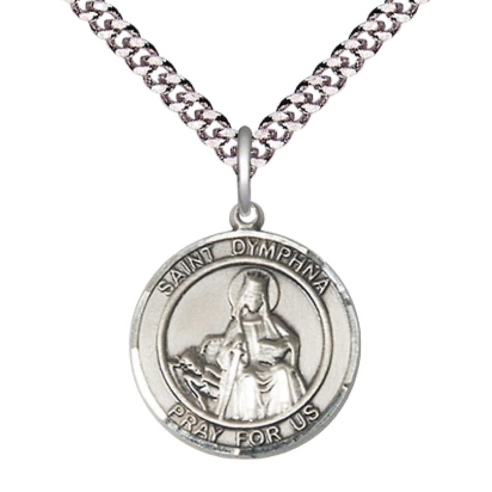 Everlasting Light Jewelry Medium Men's Pewter Saint St. Dymphna Medal Pendant on 24 Inch Endless Rhodium Plated Heavy Curb Brass Chain, Catholic Religious Necklace - Made in USA- Deluxe Velvet Gift Box