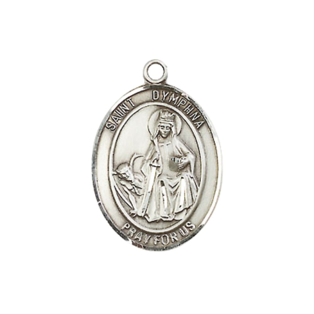 .925 Sterling Silver Saint St. Dymphna Medal Pendant on 18 Inch Rhodium Plated Lite Curb Brass Chain with Lobster Claw Clasp, Catholic Religious Necklace - Made in USA- Prayer Card Included