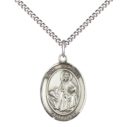 .925 Sterling Silver Saint St. Dymphna Medal Pendant on 18 Inch Rhodium Plated Lite Curb Brass Chain with Lobster Claw Clasp, Catholic Religious Necklace - Made in USA- Prayer Card Included
