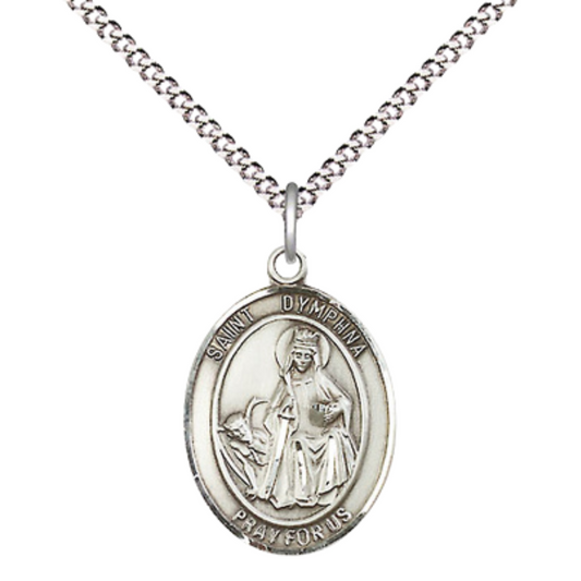 Everlasting Light Jewelry Medium Women's Sterling Silver Saint Dymphna Pendant Necklace on 18-Inch Rhodium Plated Lite Curb Brass Chain – Patron Saint of Mental Illness & Runaways – Velvet Gift Box Included