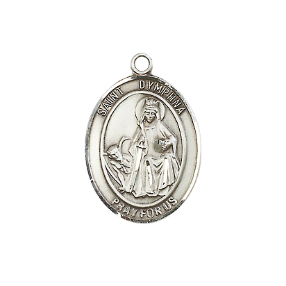 Everlasting Light Jewelry Medium Men's Pewter Saint St. Dymphna Medal Pendant on 24 Inch Endless Rhodium Plated Heavy Curb Brass Chain, Catholic Religious Necklace - Made in USA- Deluxe Velvet Gift Box