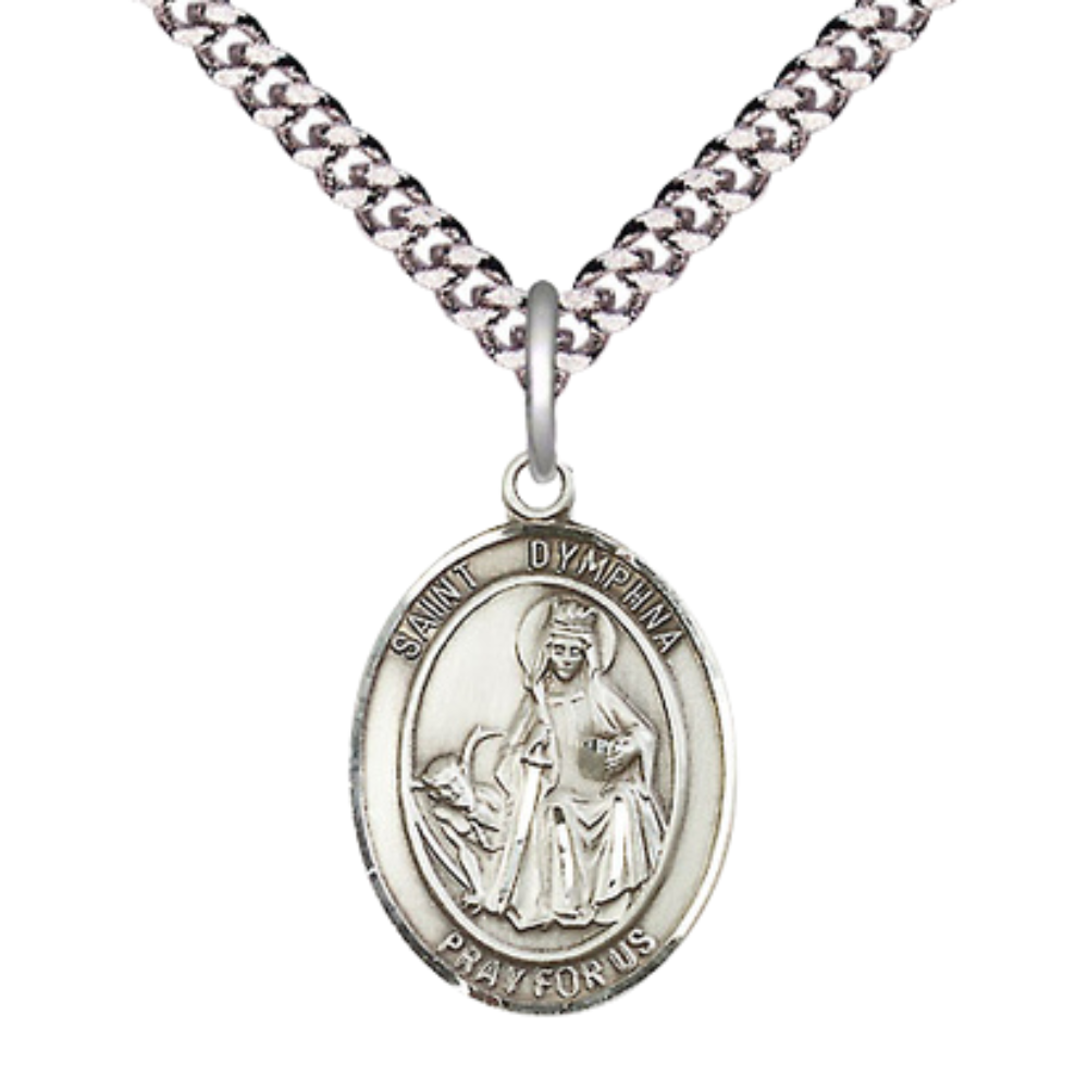 Everlasting Light Jewelry Medium Men's Pewter Saint St. Dymphna Medal Pendant on 24 Inch Endless Rhodium Plated Heavy Curb Brass Chain, Catholic Religious Necklace - Made in USA- Deluxe Velvet Gift Box
