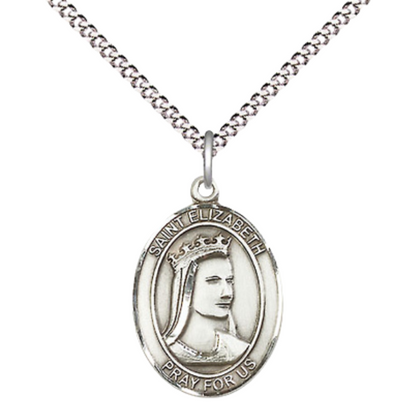 .925 Sterling Silver Saint St. Elizabeth of Hungary Medal Pendant on 18 Inch Rhodium Plated Lite Curb Brass Chain w/ Lobster Claw Clasp, Catholic Religious Necklace - Made in USA- Prayer Card Included