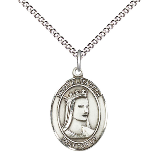 Medium Women's Pewter Saint St. Elizabeth of Hungary Pendant Necklace on 18- inch Rhodium- Plated Lite Curb Brass Chain – Patron Saint St. of Bakers & Homeless – ¾" x ½" Medal, Catholic Medal – Velvet Gift Box Included